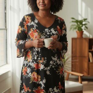 (C-91)Allison Brittney Petite Floral Dress PXL Black V-Neck 3/4 Sleeve Stretch